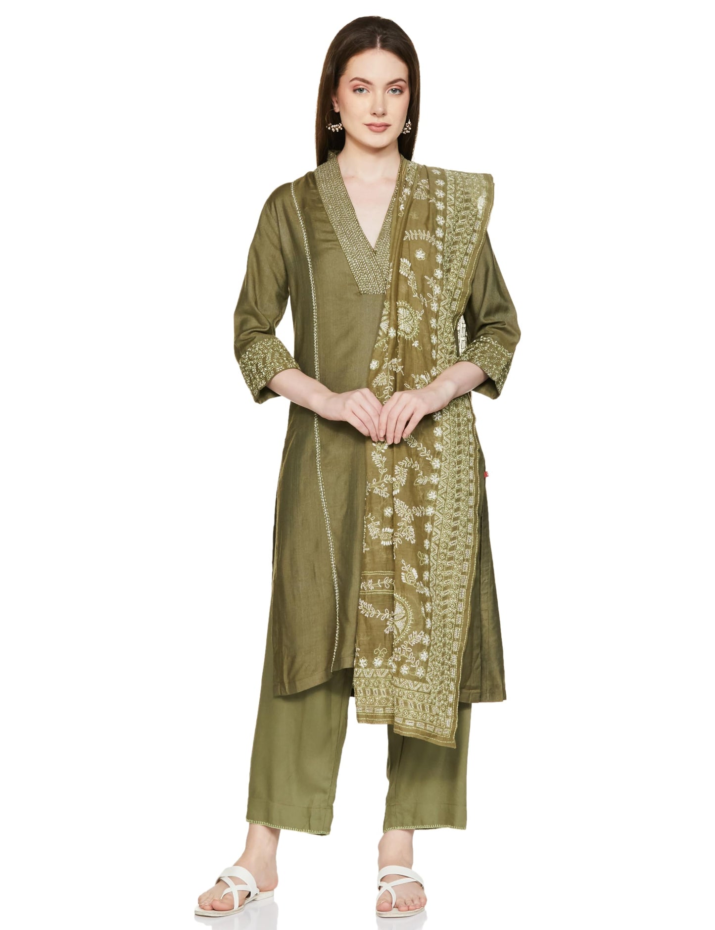 BIBA WOMEN EMBROIDERY STRAIGHT SALWAR KURTA DUPATTA(SKDKANTHA K8165_SAGE GREEN_42)