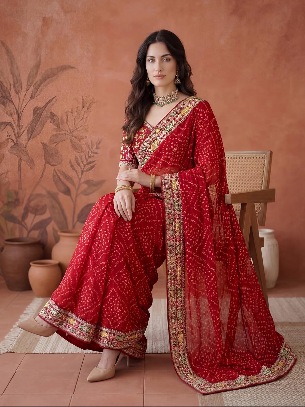 SIRIL Women's Georgette Sequin Embroidery Bandhani Printed Saree with Unstitched Blouse Piece (4486S556AA_Red)