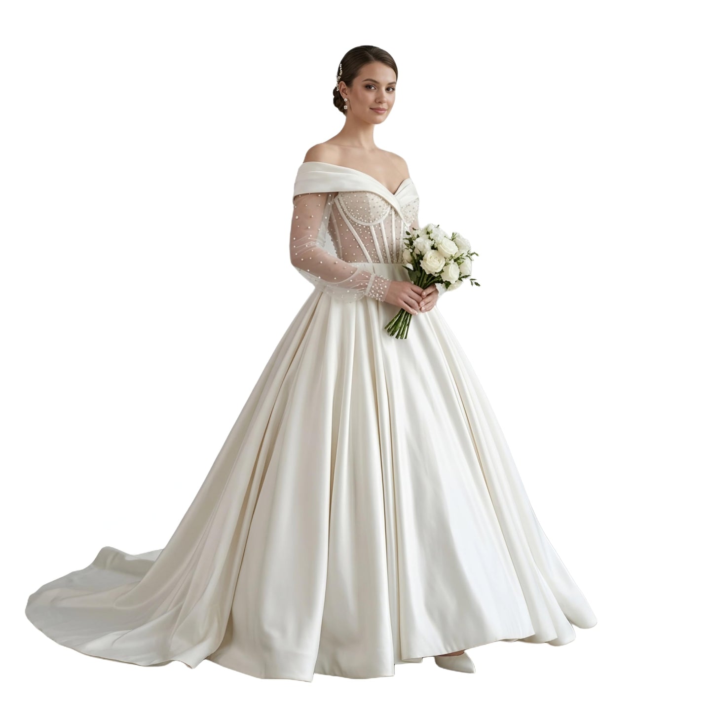 ThreadTexture Princess Pearl Embellished Long Sleeves Ball Gown (in, Alpha, L, Regular, White, Designer Shivay)