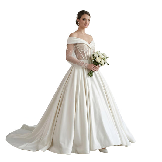 ThreadTexture Princess Pearl Embellished Long Sleeves Ball Gown (in, Alpha, L, Regular, White, Designer Shivay)