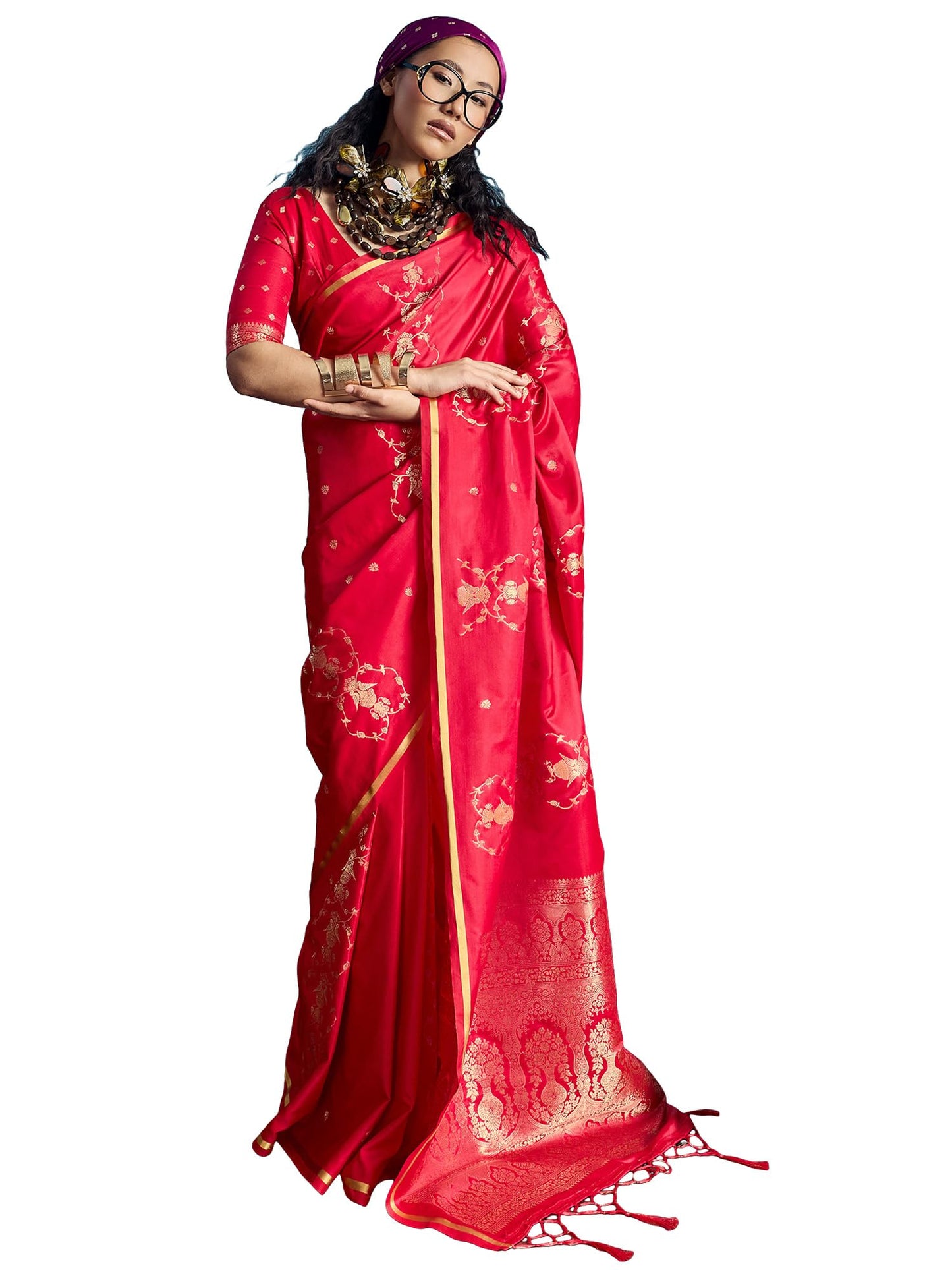 AKHILAM Women's Red Satin Traditional Prints Tassels and Latkans Saree With Unstitched Blouse Piece | saree for woman | Designer Saree for Women