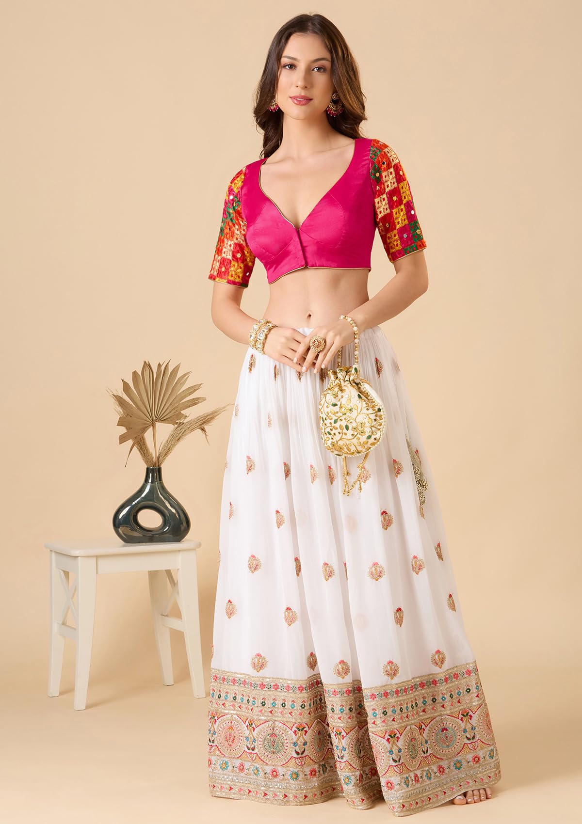 S SALWAR STUDIO Pink Chinon Silk Sweetheart Neck Phulkari Readymade Blouse