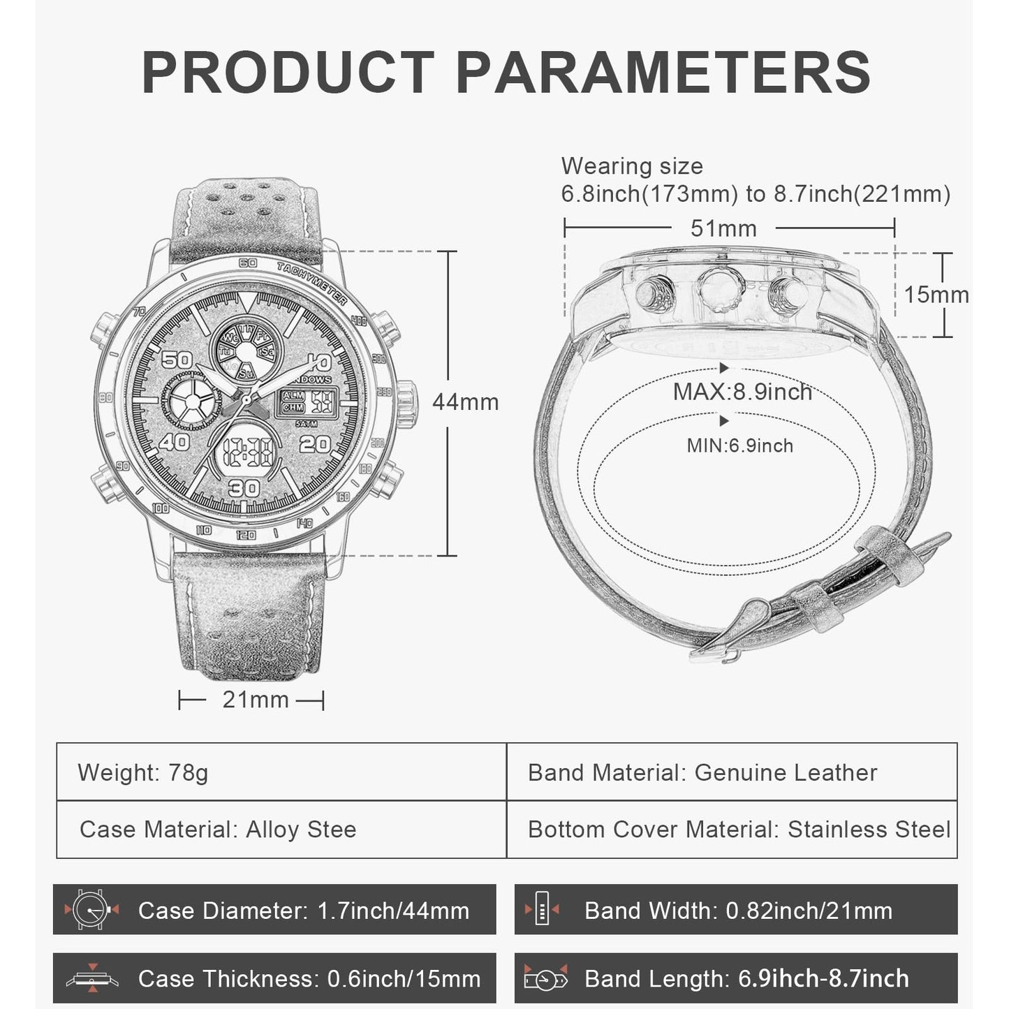PINDOWS Watches for Men, Outdoor Digital Analog Leather Wristwatch Multifunctional LED Backlight, Alarm Stopwatch Calendar.