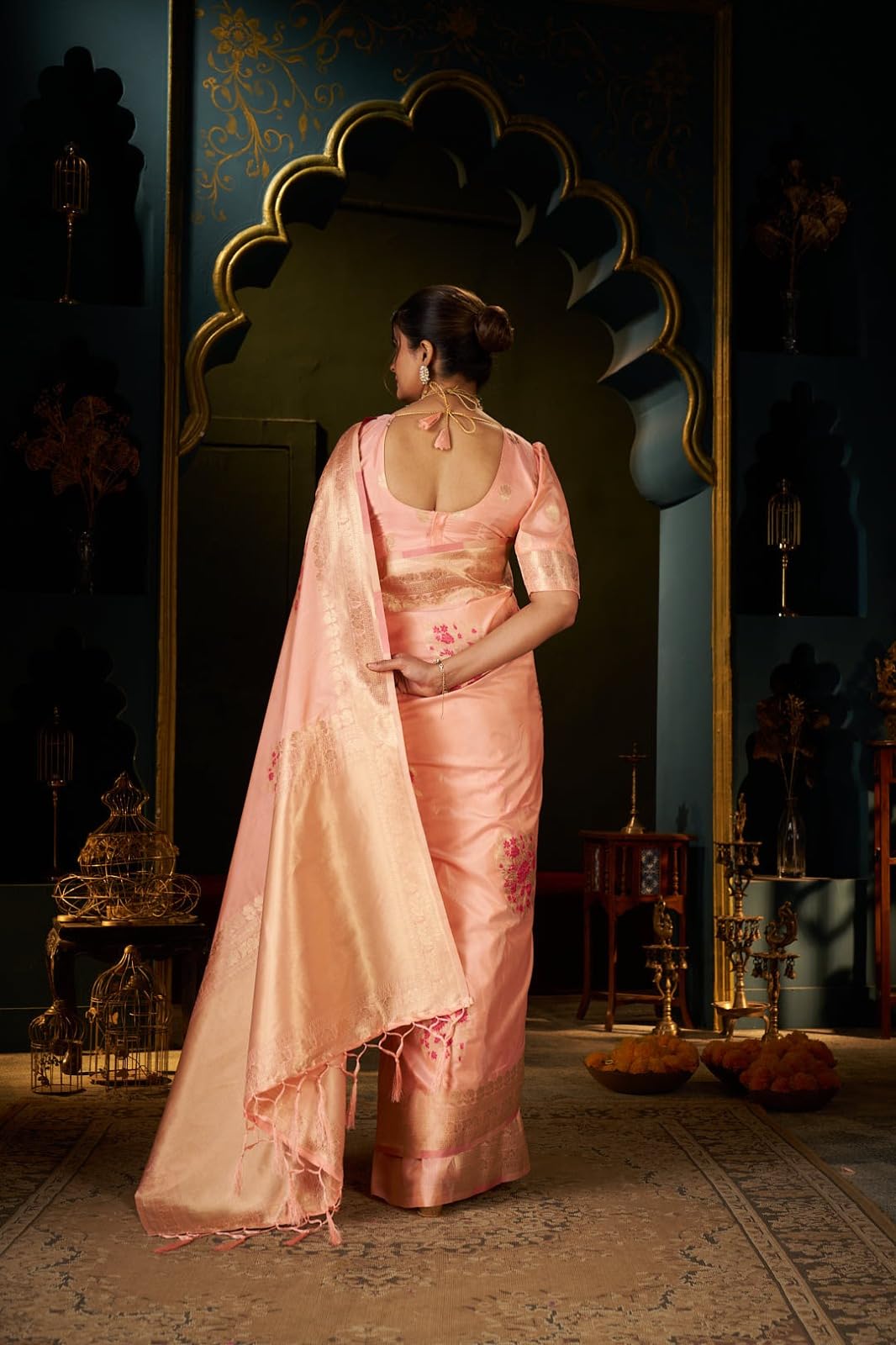 SWORNOF Women's Banarasi silk Saree With Unstitched Blouse Piece (PEACH)