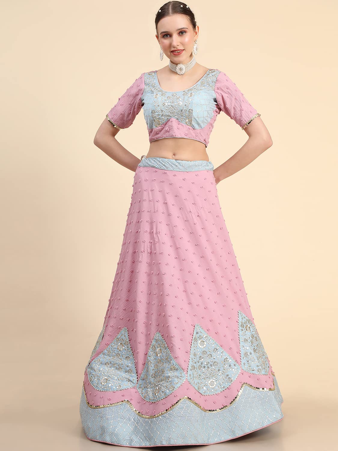 leeza store Women's Pink Georgette Silver Sequins & Zari Patch Work Flared Lehenga Choli With Dupatta