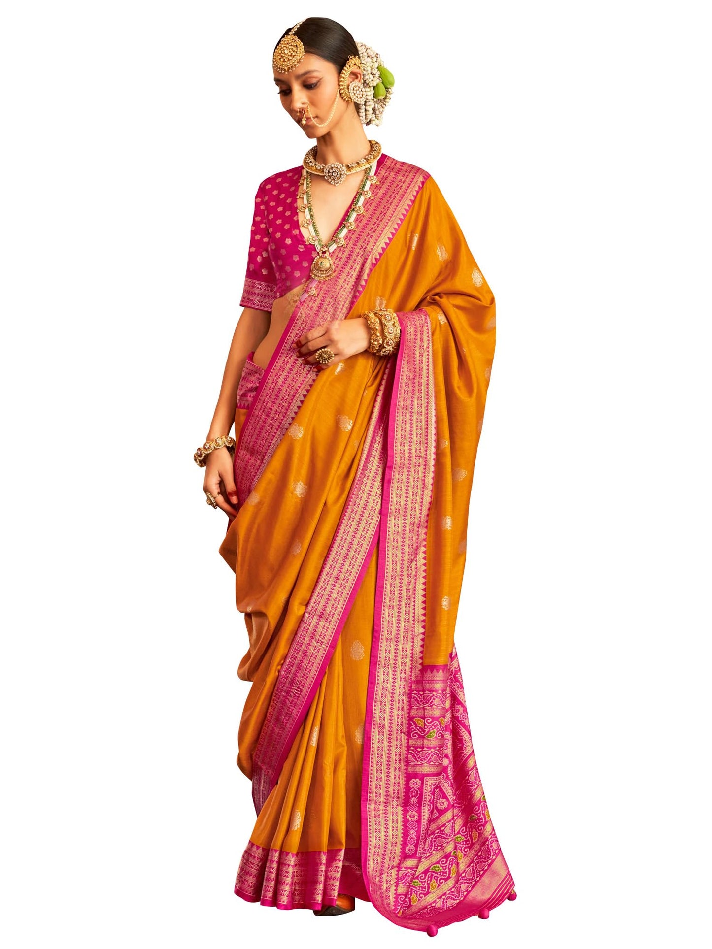 SAREE MALL Women's Orange Silk Blend Ethnic Motif Woven Design Saree With Unstitched Blouse (HASTP10313_RW)