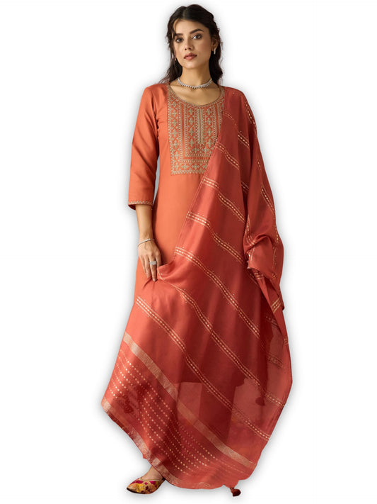 Hritika Rust Cotton Blend Embroidered Round Neck Kurta with Pant and Dupatta_HRKBD0220RUST_L