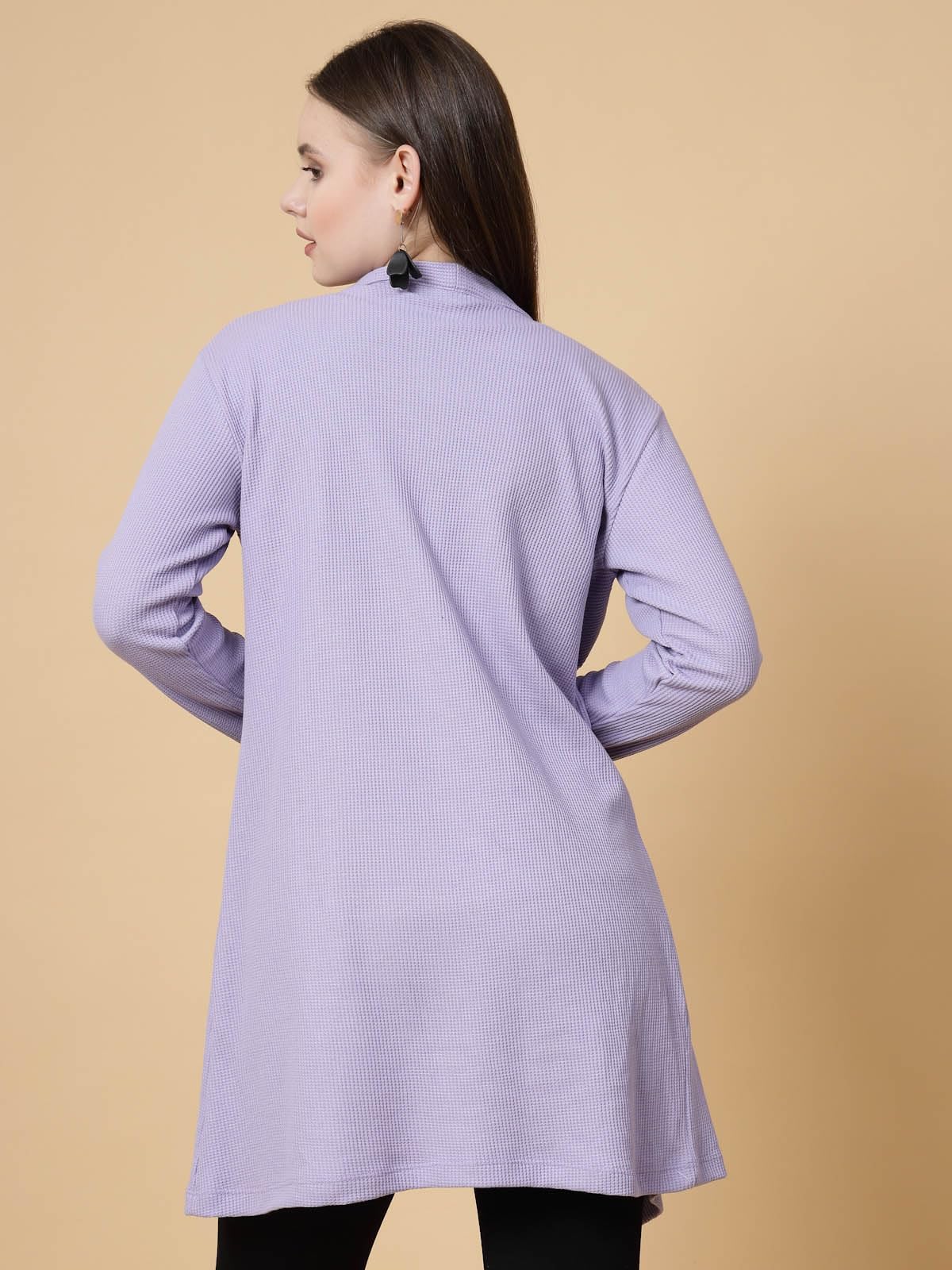 Rigo Cotton Front Open Shrug for Women | Stylish, Slim Fit, Long | Casual Wear, Solid Full Sleeves With Pockets (Light Purple, Free Size)