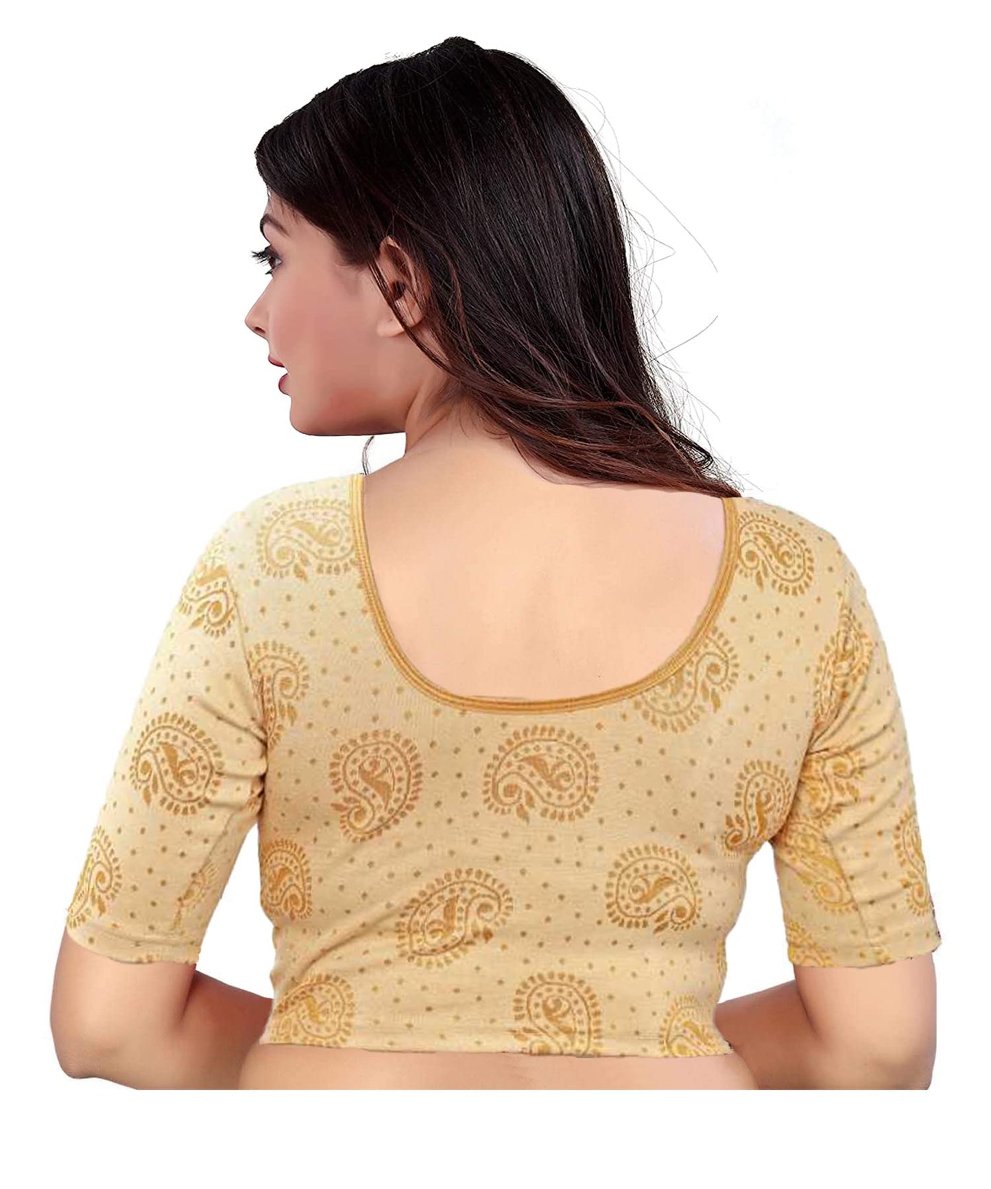 PU Fashion Blouse with Stylish Jacquard Design Pure Cotton Breathable Skin Friendly Material Readymade Saree Blouse for Women Beige Size 28"