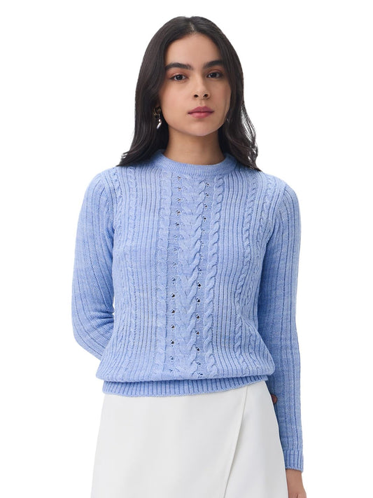 The Souled Store Cable-Knit Sweater: Periwinkle Women and Girls Full Sleeves Round Neck Light Blue Knitted Acrylic Regular Fit Ribbed Casual Lightweight Pullover Sweater
