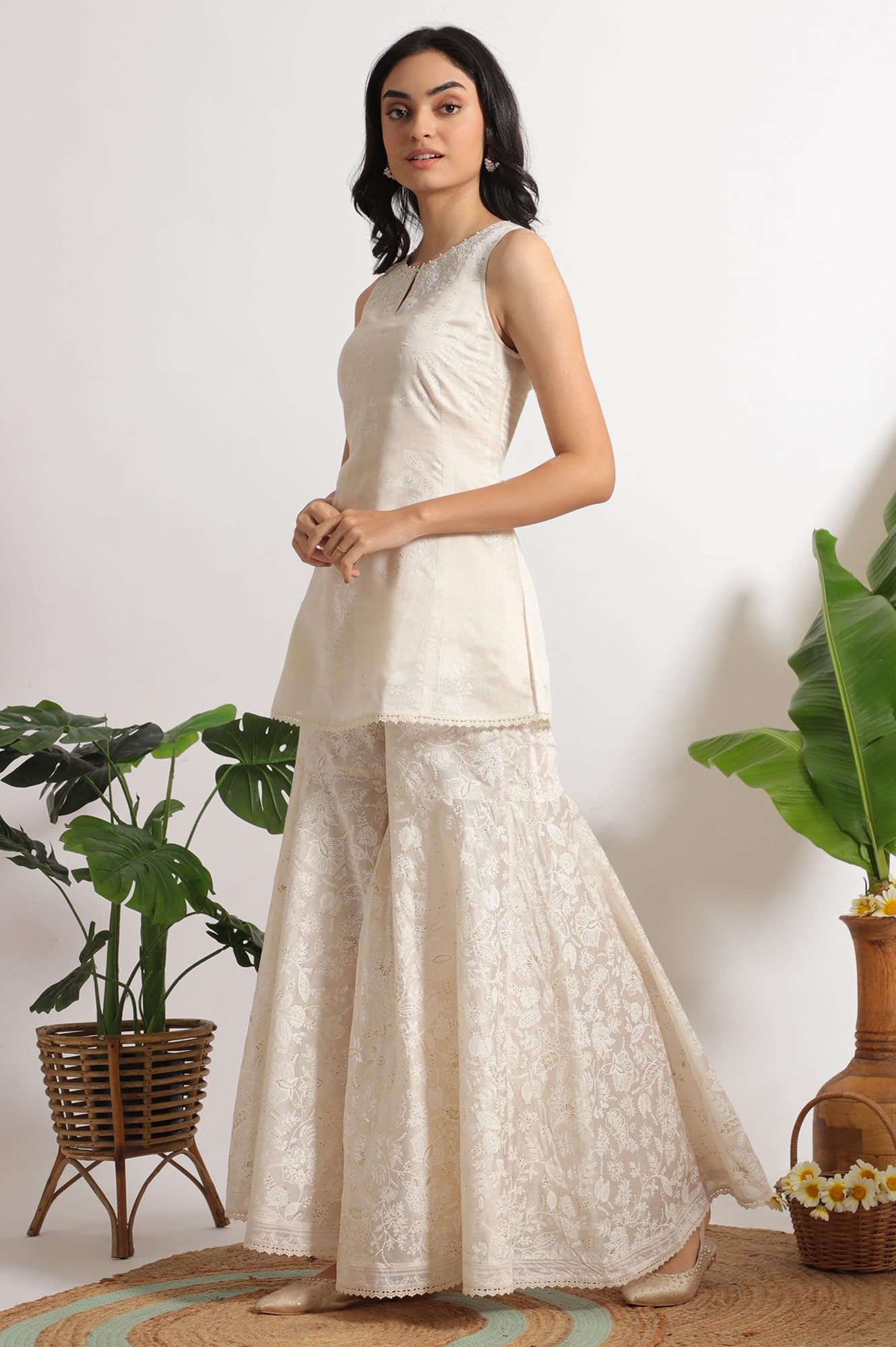 W for Woman White Printed Chanderi Short Kurta, Sharara and Dupatta Set (Size: XL)-WS12349-125210