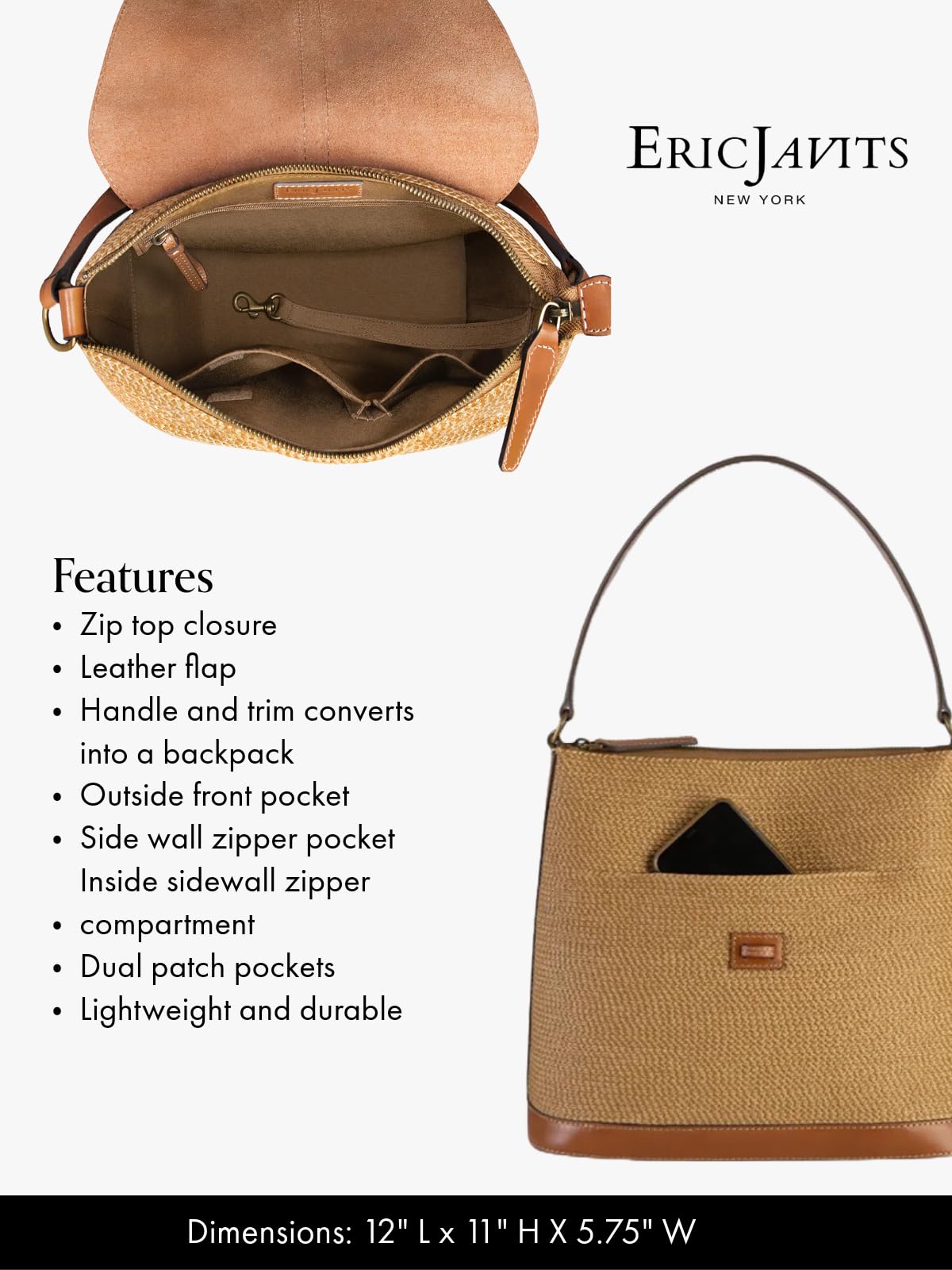 Eric Javits Squishee Bel Air Straw Bag - Convertible Crossbody Beach Purse, Straw Handbag & Backpack - Squishee Straw Purse with Zip Top Closure - Durable Straw Beach Bags for Women (Natural), Natural