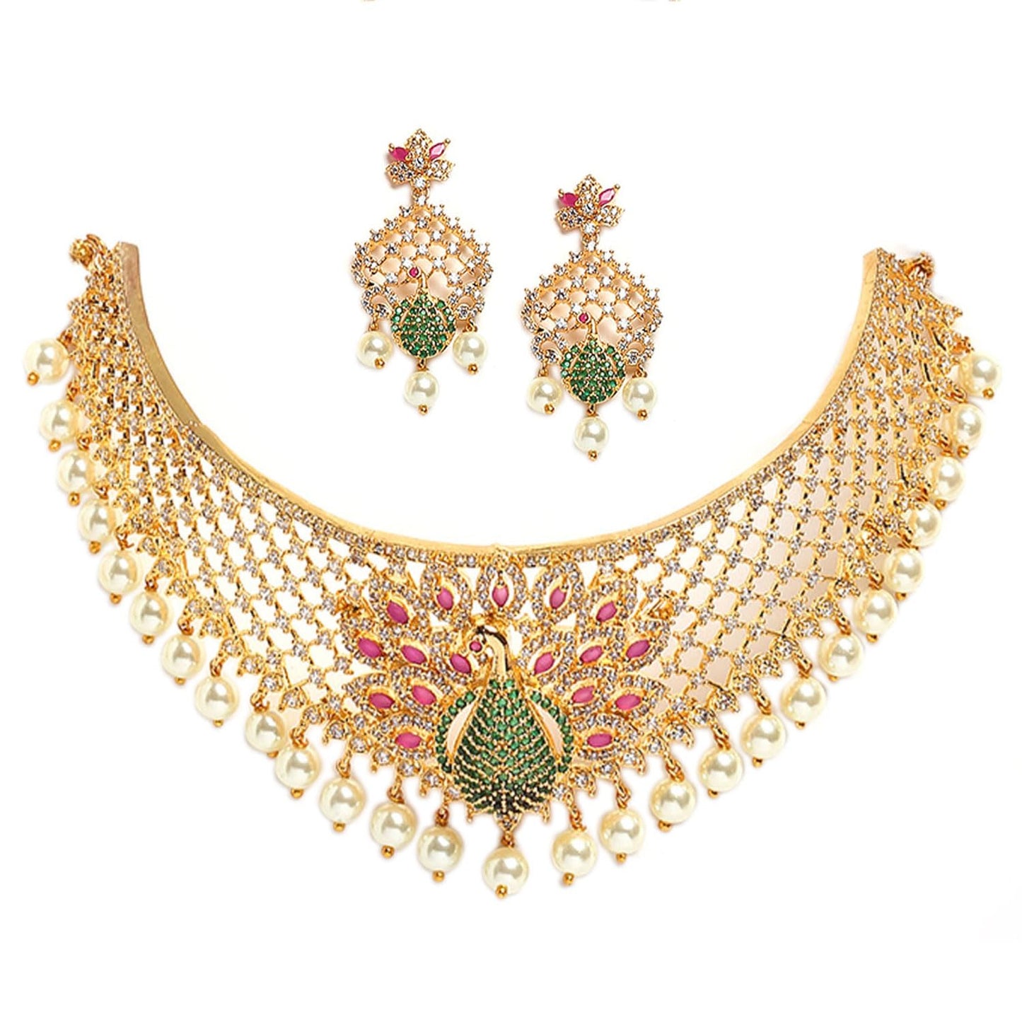 ZENEME Gold Plated White & Red American Diamond Studded With Drop Pearl Beaded Jewellery Set For Women & Girl (Design 3)