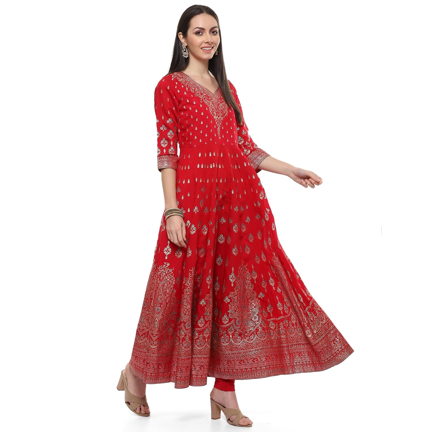 BIBA Silk Women Printed Anarkali Salwar Kurta Dupatta(Skddurgotsa8919_Red_38)