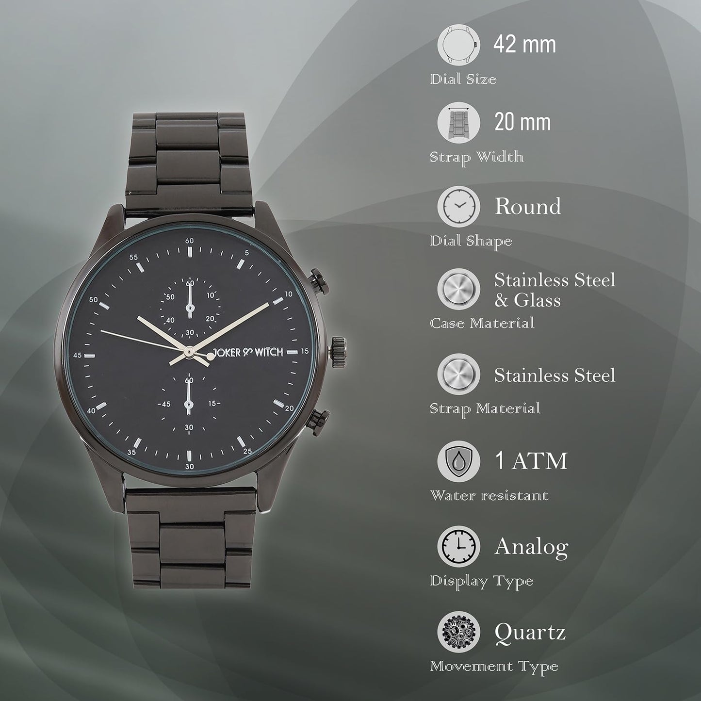 Joker & Witch Men Beetle 42mm Black Dial 20mm Gunmetal Stainless Steel Watch