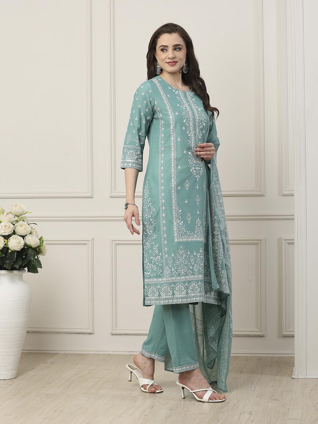 Biba Women Turquoise Cotton Straight Suit Set_32