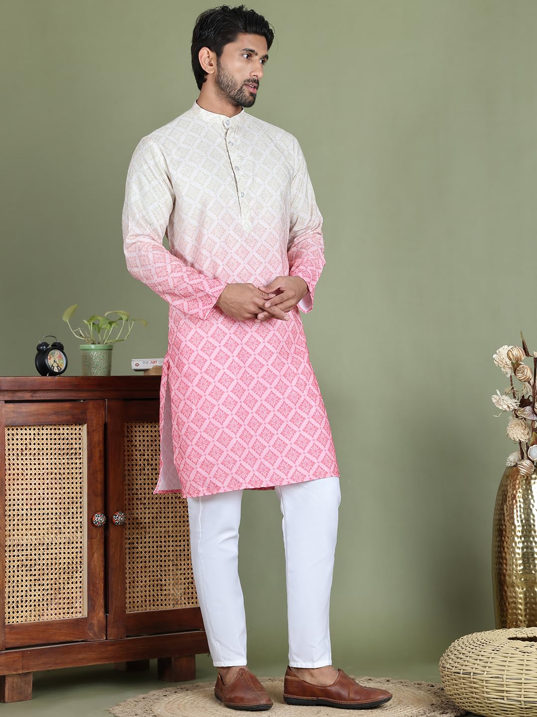 Jompers Ombre Printed Kurta Pyjama Set For Men - Peach, M