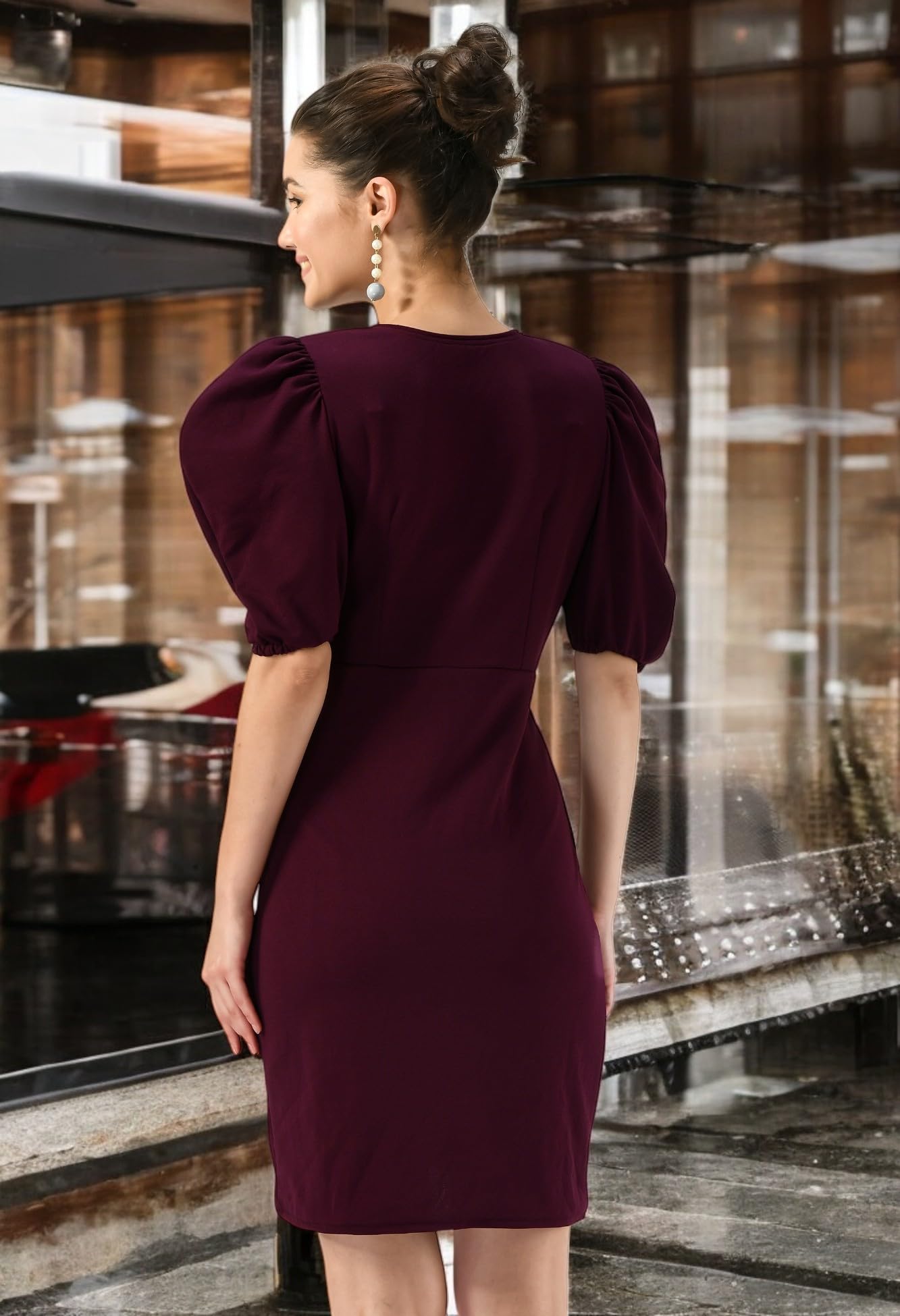 IUGA Wine Women's Puff Sleeve V-Neck Bodycon Casual Mini Dress