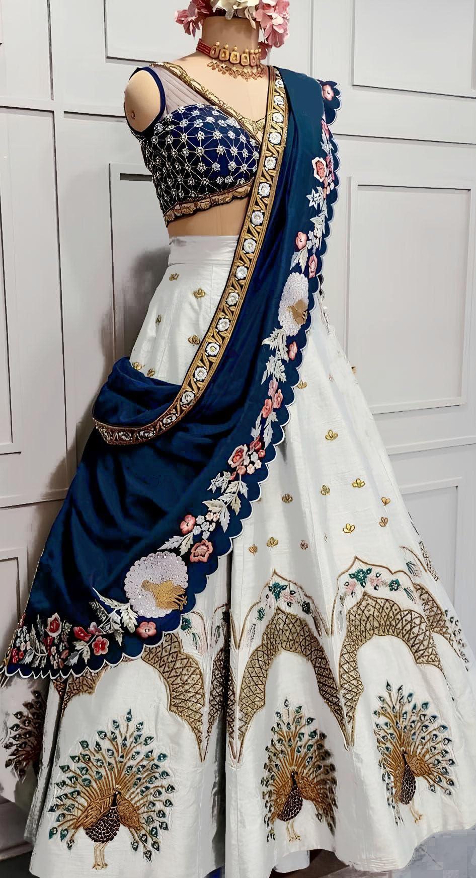 SHYAMLATA Women's White Embroidered Satin Silk Semi-Stitched Lehenga Choli For Women I Designer I New I Bridal I Bollywood I Letest I Stylish I Lehenga For Women