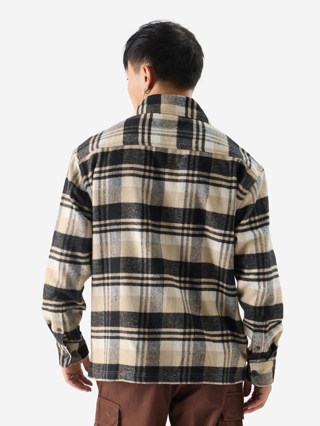 The Souled Store Plaid: Brown and Black Men and Boys Long Sleeve Zipper Front Oversized Fit Cotton Flannel Shackets Men's Shackets Shirt Winter Plaid Thick Jackets Shackets for Men Outerwear