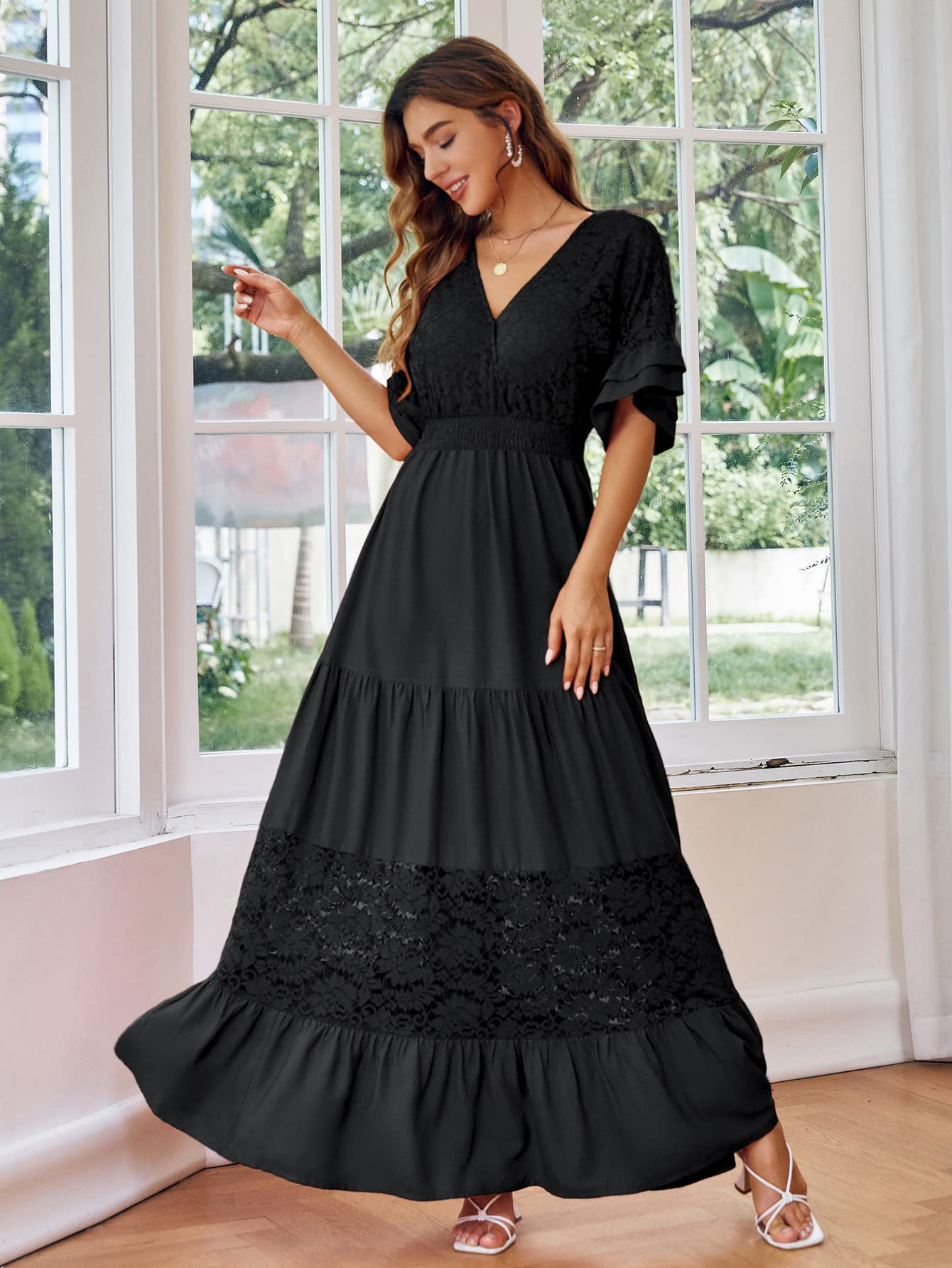 Simplee Women V Neck Formal Lace Maxi Dress Ruffle Flowy Short Sleeve Boho Wedding Guest Party Summer Long Dress, Lace_black, X-Large