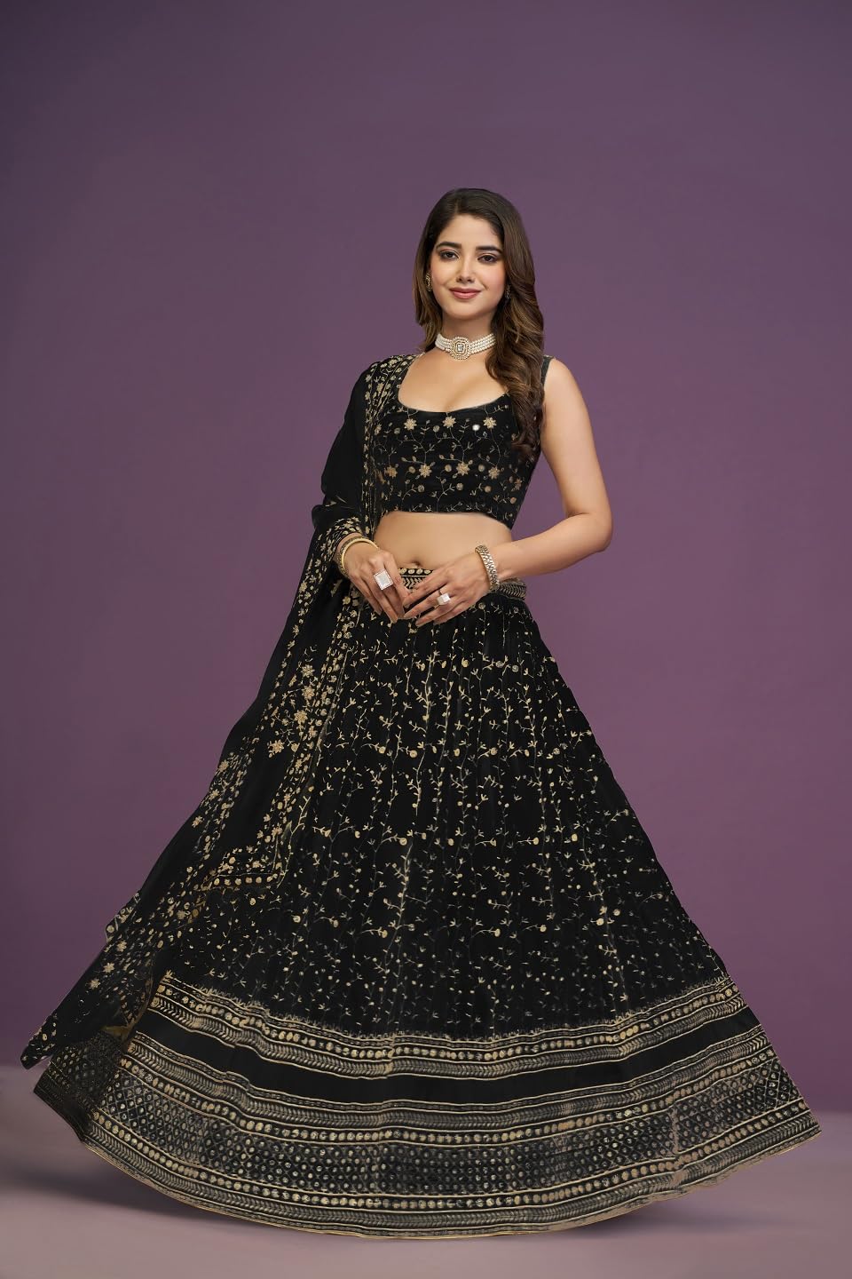 JIHU CULTURE Women's Georgette Zari Embroidery Work Semi-Stitched Lehenga Choli with Elegant Flare