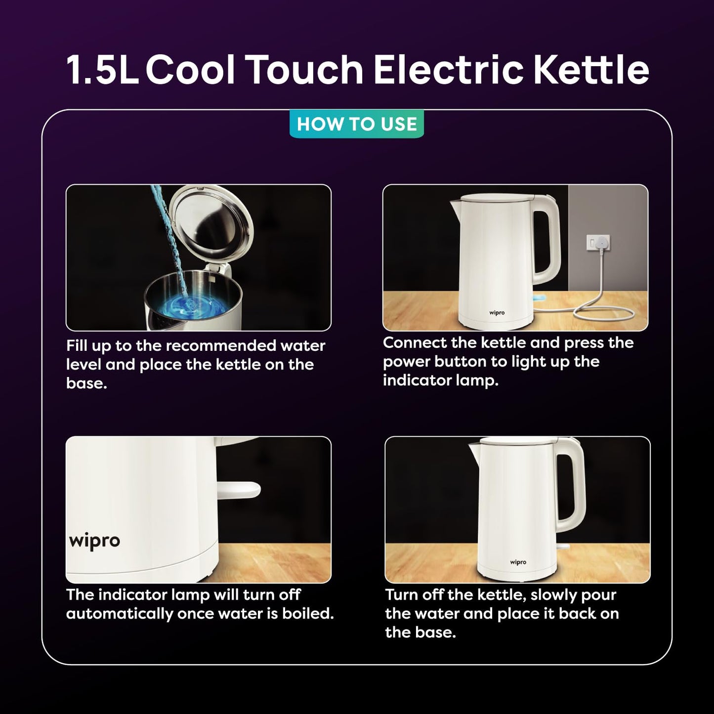 wipro ABS Elato BK210 Cool Touch Double Layer Electric Kettle, 1.5 Litres, Anti-Rust Shield, Super Fast Heating, 3X Protection-Overheating, Dry Boil & Auto Shut-Off,1000 Watts, 2 Years Warranty, White