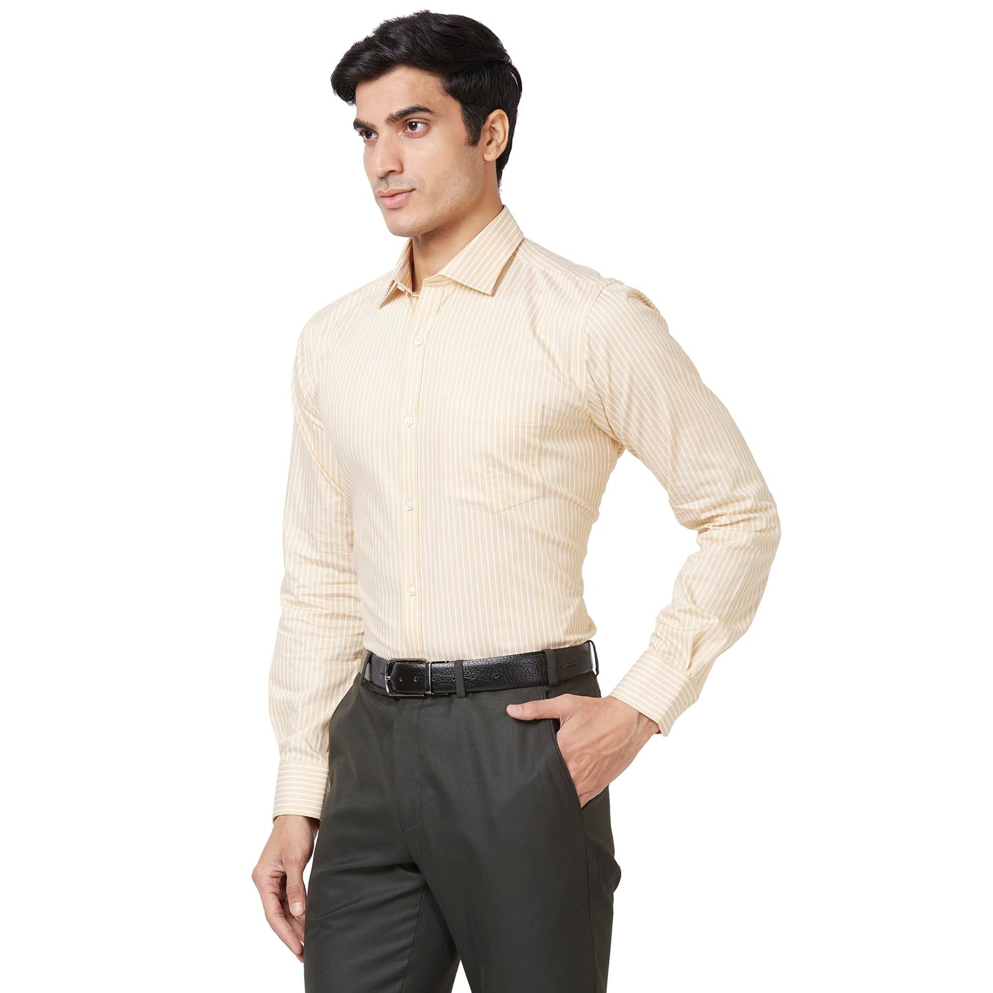 PARK AVENUE Men's Stripe Slim Fit Shirt (PMSX16166-Y3_Medium Yellow S)