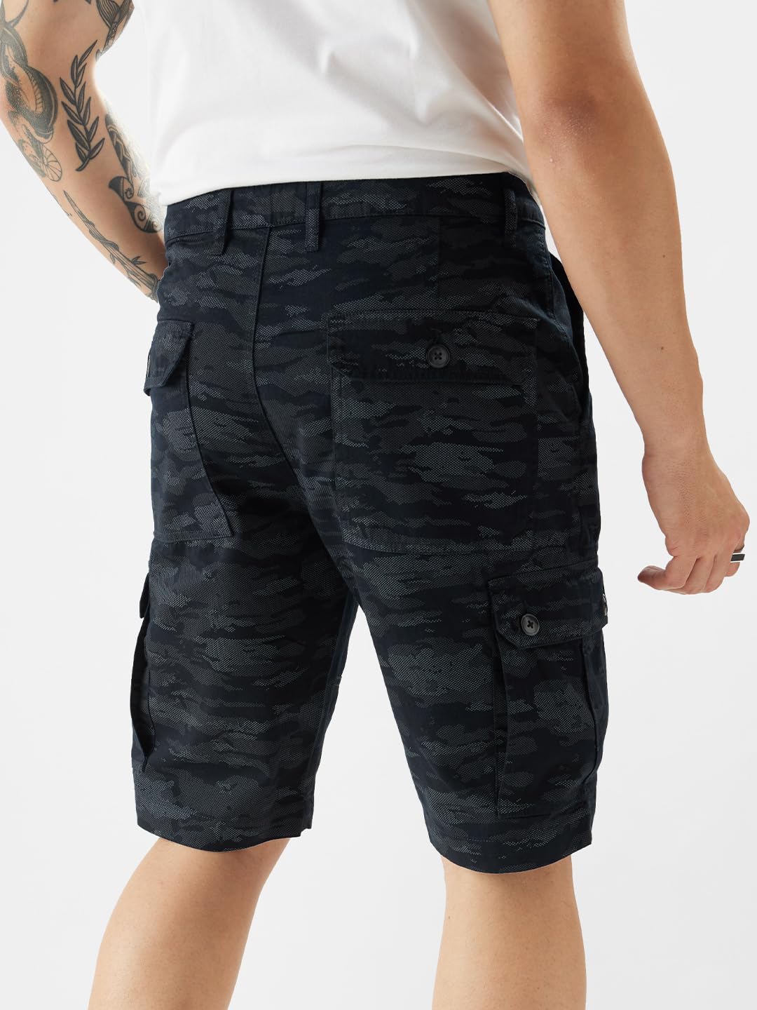 The Souled Store Navy Camo Men Regular Fit Cotton Cargo Shorts