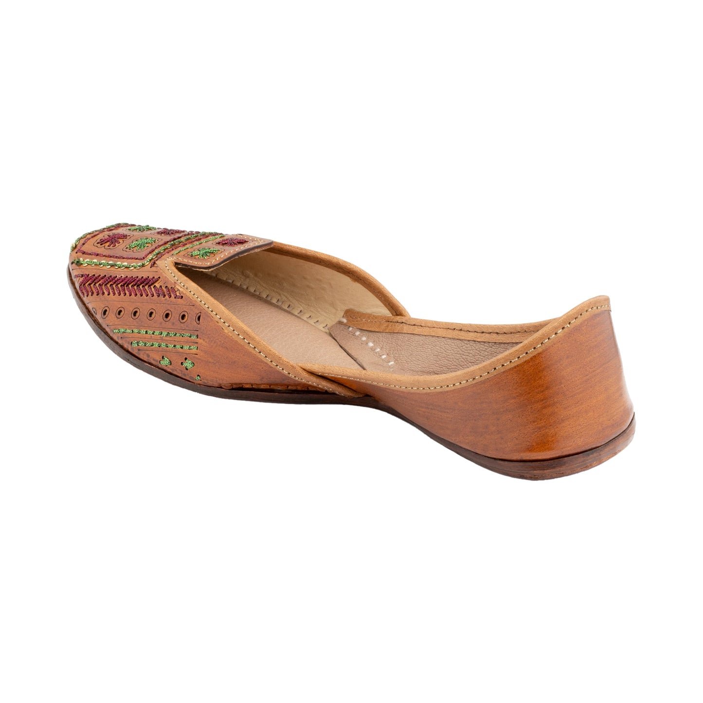 KORAKARI Women's Genuine Leather Traditional Ethnic Artsy Tan Handmade Punjabi Jutti, Leather Flat Comfortable Mojaris for Girls (Size: UK4, Tan)