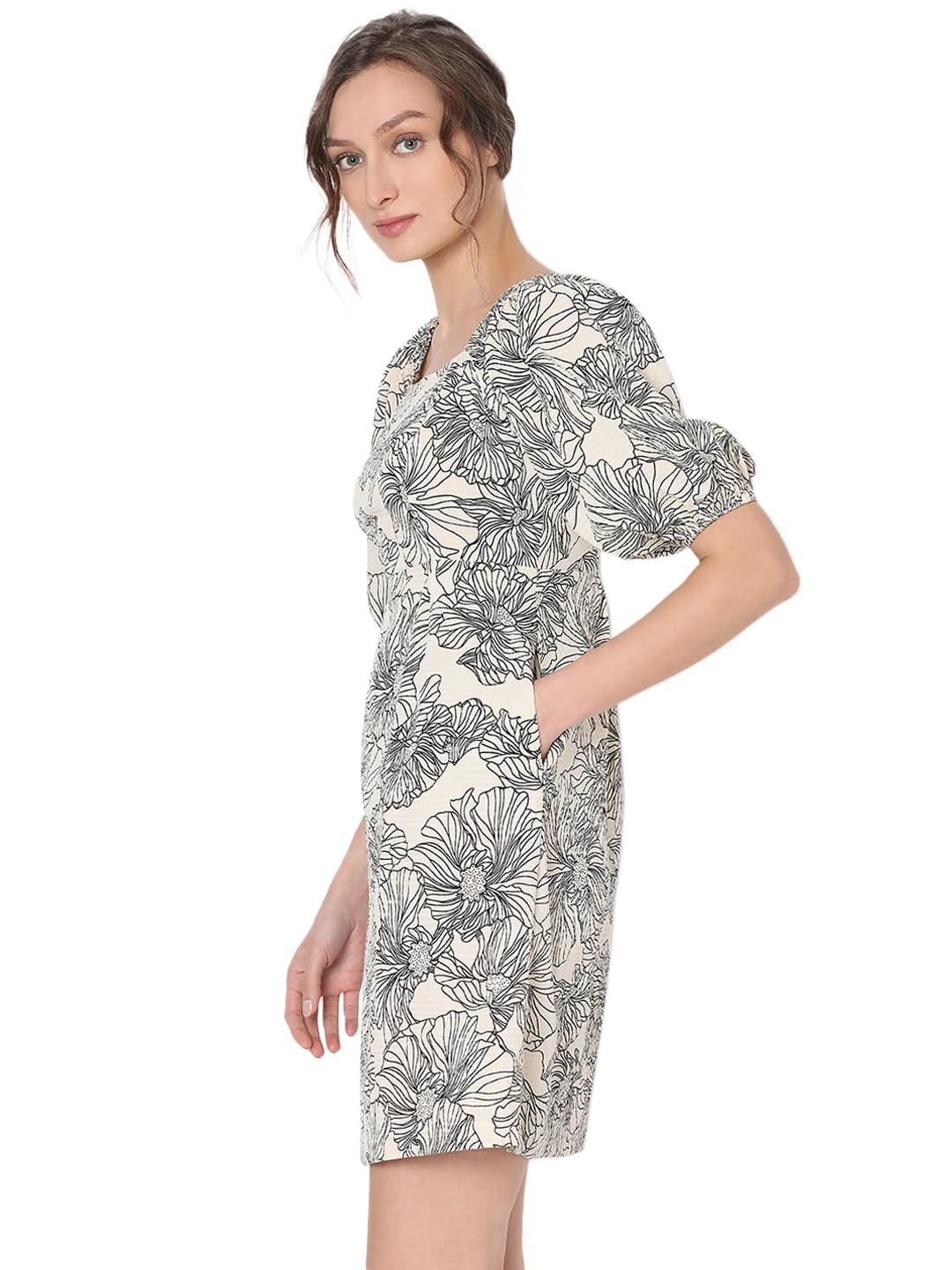 VERO MODA Women Floral Print Beige Polyester Above Knee Length A-line Dress