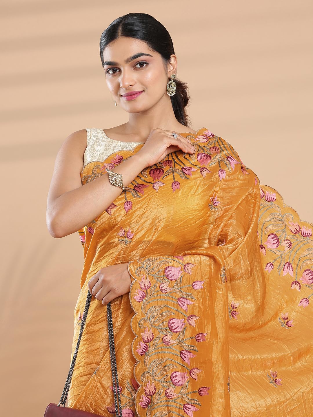 Kalyan Silks Dark Mustard Yellow Crush Organza Saree With Embroidery All Over Design