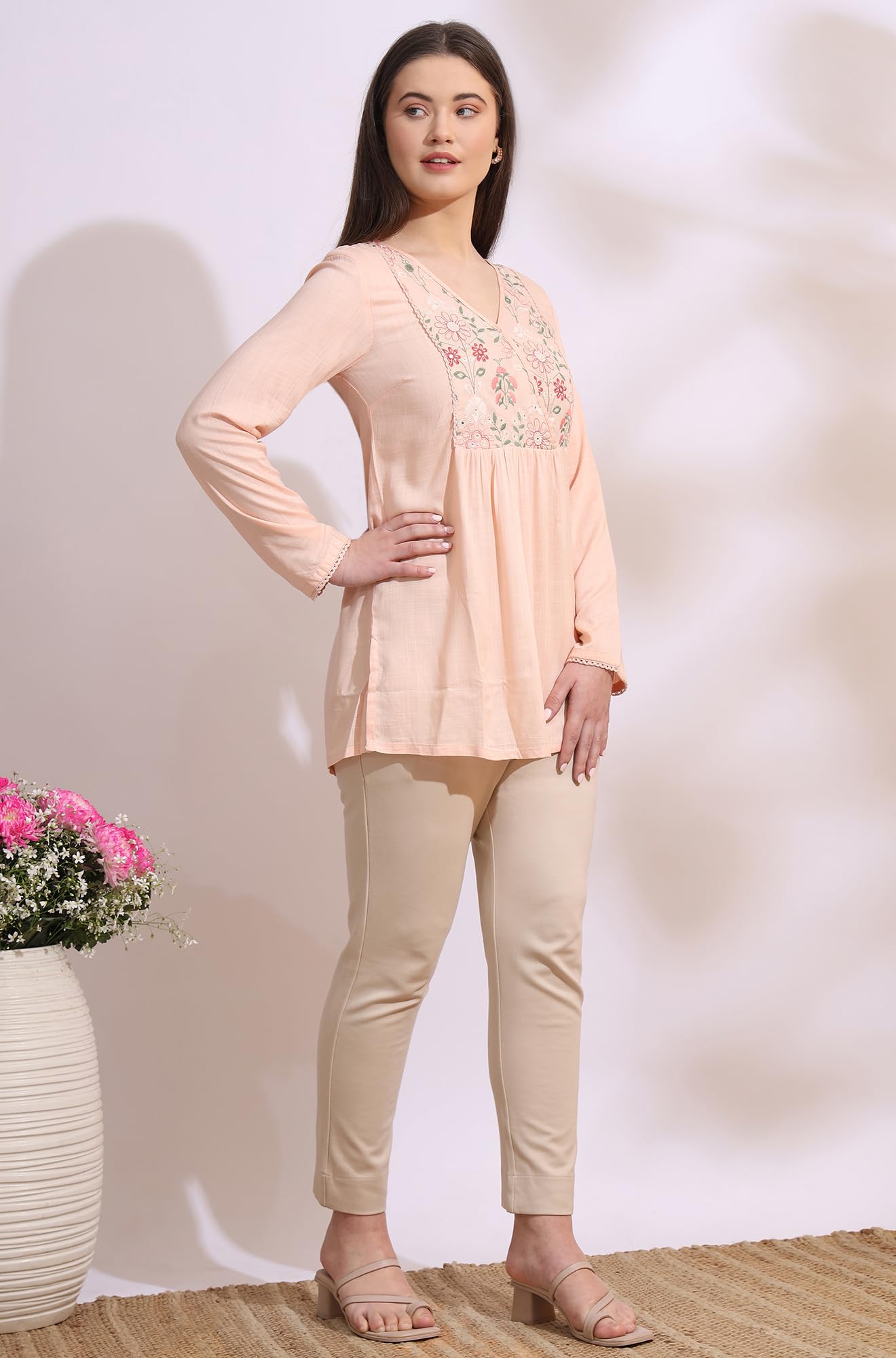 W for Woman Pastel Pink Thread Embroidered Gathered Swiss Dot Ethnic Top (Size: XS)-W31259-223088