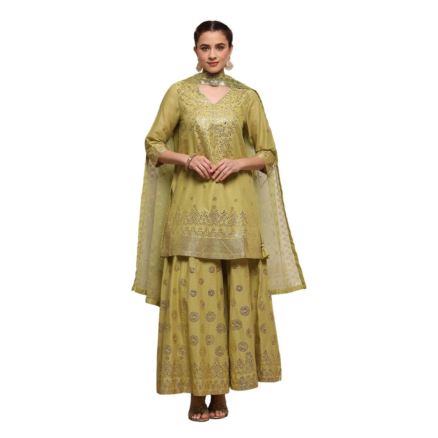 Biba Women Green Cotton Printed Sharara Suit Set_32