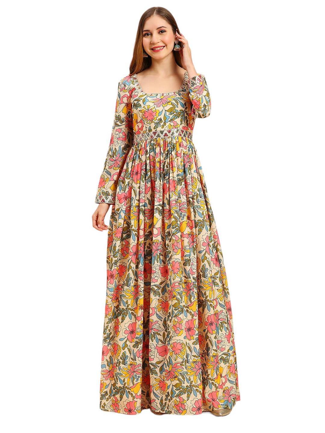 Madhuram Women's Vichitra Silk Gown for Women Ethnic with Digital Print and Embroidery Work Long Gown(M-2457 Beige_Small)