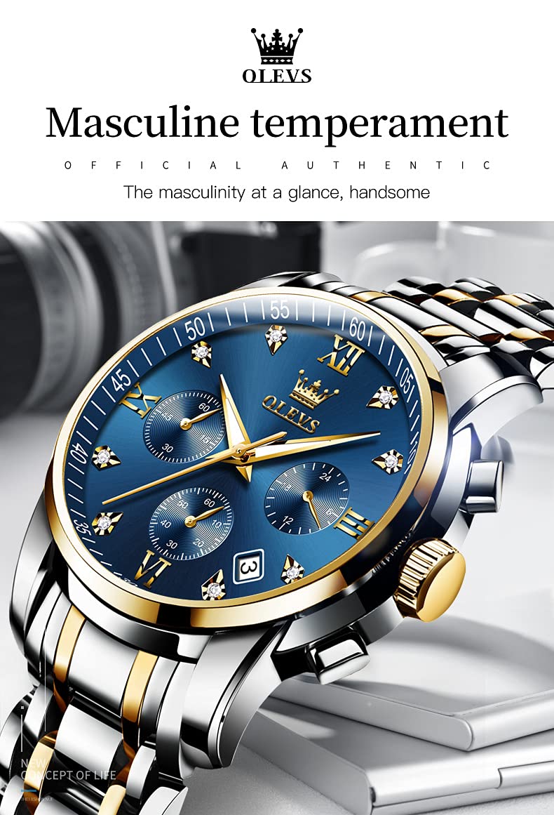 OLEVS Men's Business Watch With Date, Luminous Quartz Movement, Waterproof Stainless Steel Strap, Stopwatch Timing Function - Silver Band, Gold Case, Blue Dial, Classic