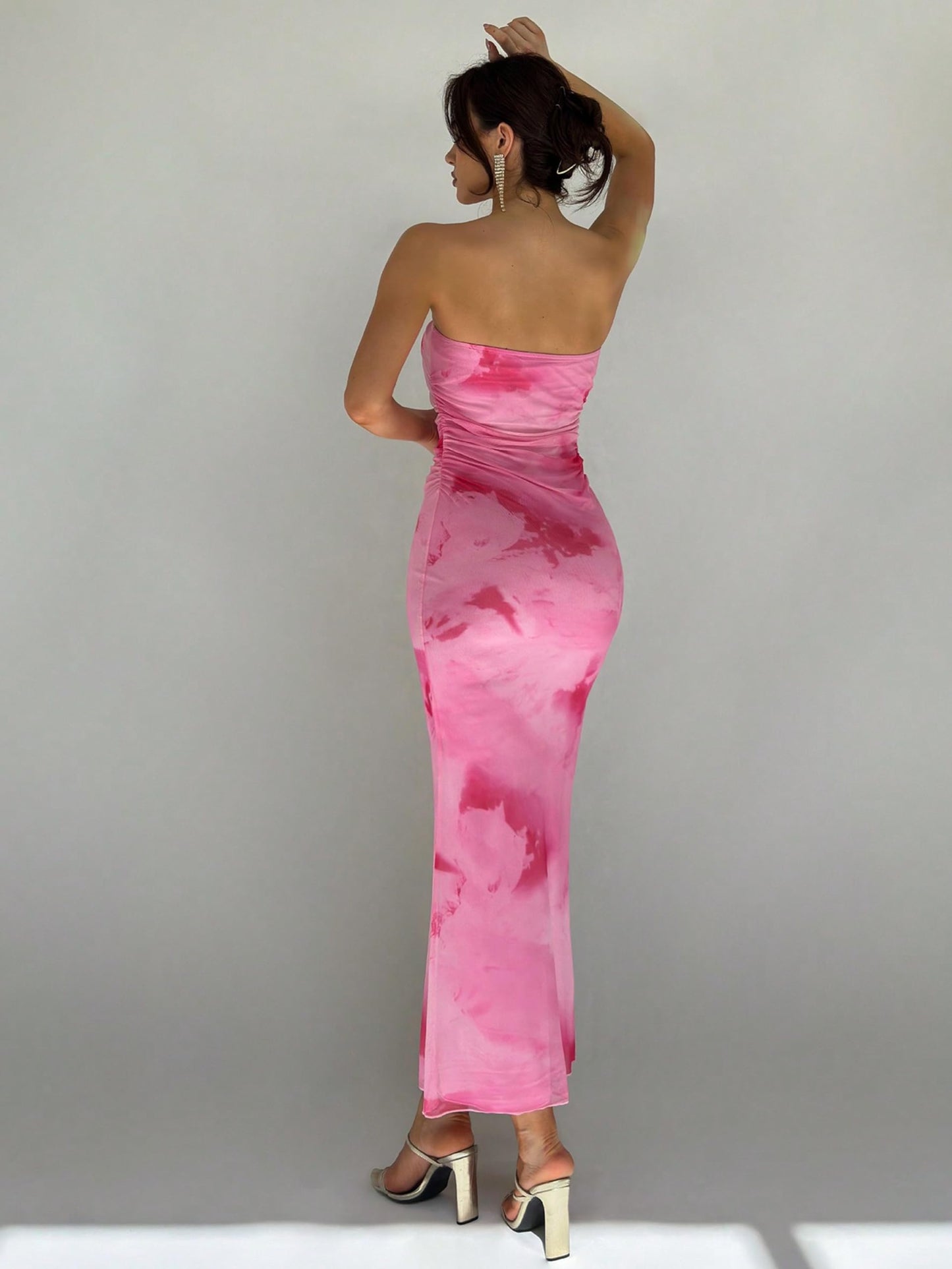 FASHION YARI Women's Elegant Bodycon Off Shoulder Sleeveless High Split Ruched Long Formal Casual Dress - Pink