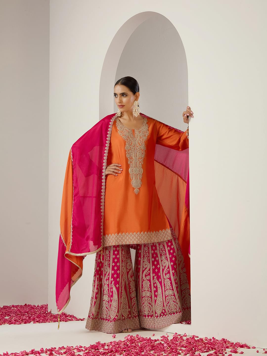 ishin Gold zari embroidered short kurta with embroidered sharara and dupatta