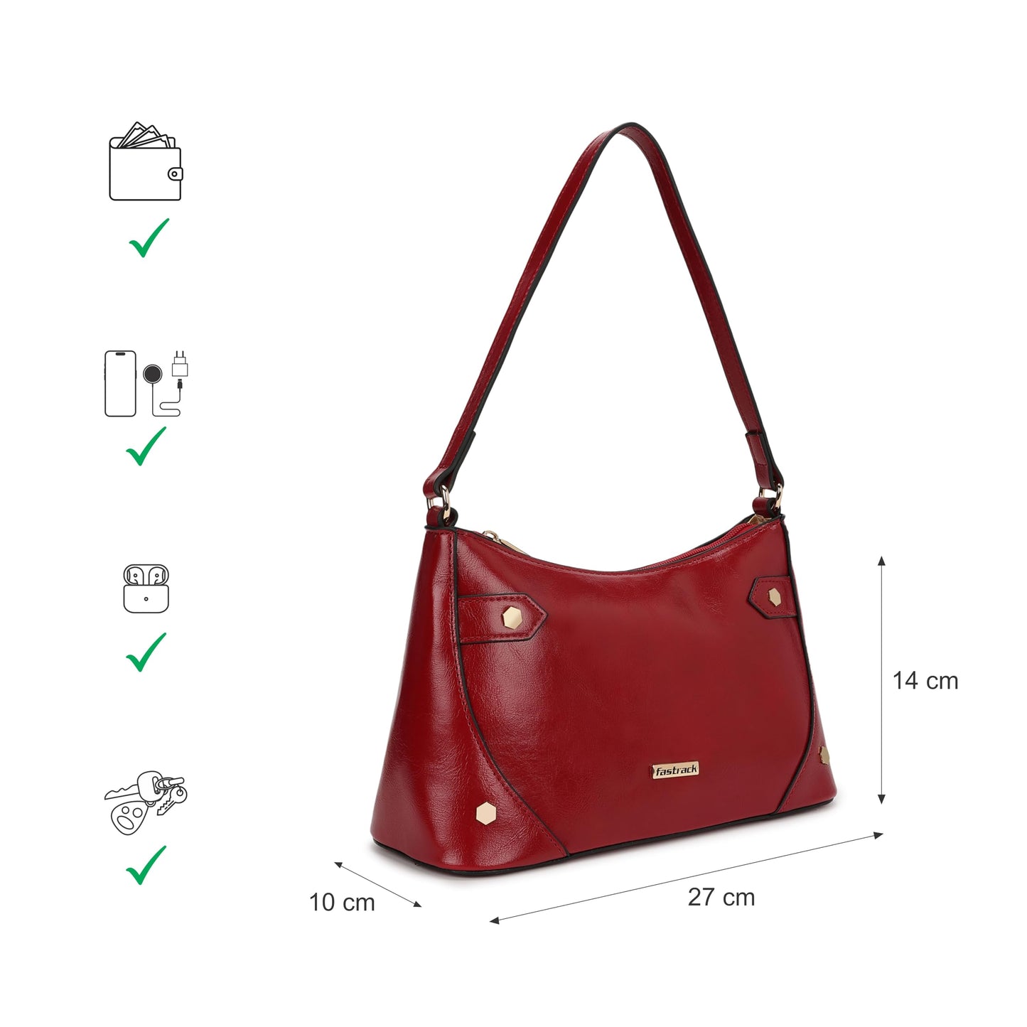 Fastrack Women's Stud Detail Shoulder Bag with Top Zip Closure | Trendy Stitching and Metal Stud Accents, Inner Zip and Slip Pockets | Comfortable Shoulder Strap | Trendy Women's Handbags