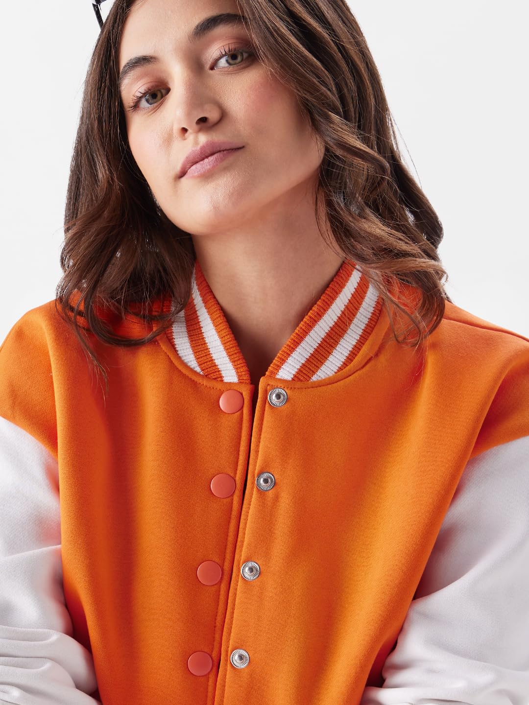 The Souled Store Solids: Blazin Orange, White (Colourblock) Women Varsity Jackets Jackets Winter Coats Outerwear Bomber Puffer Windbreaker Hooded Quilted Lightweight Warm Stylish Fashionable Casual