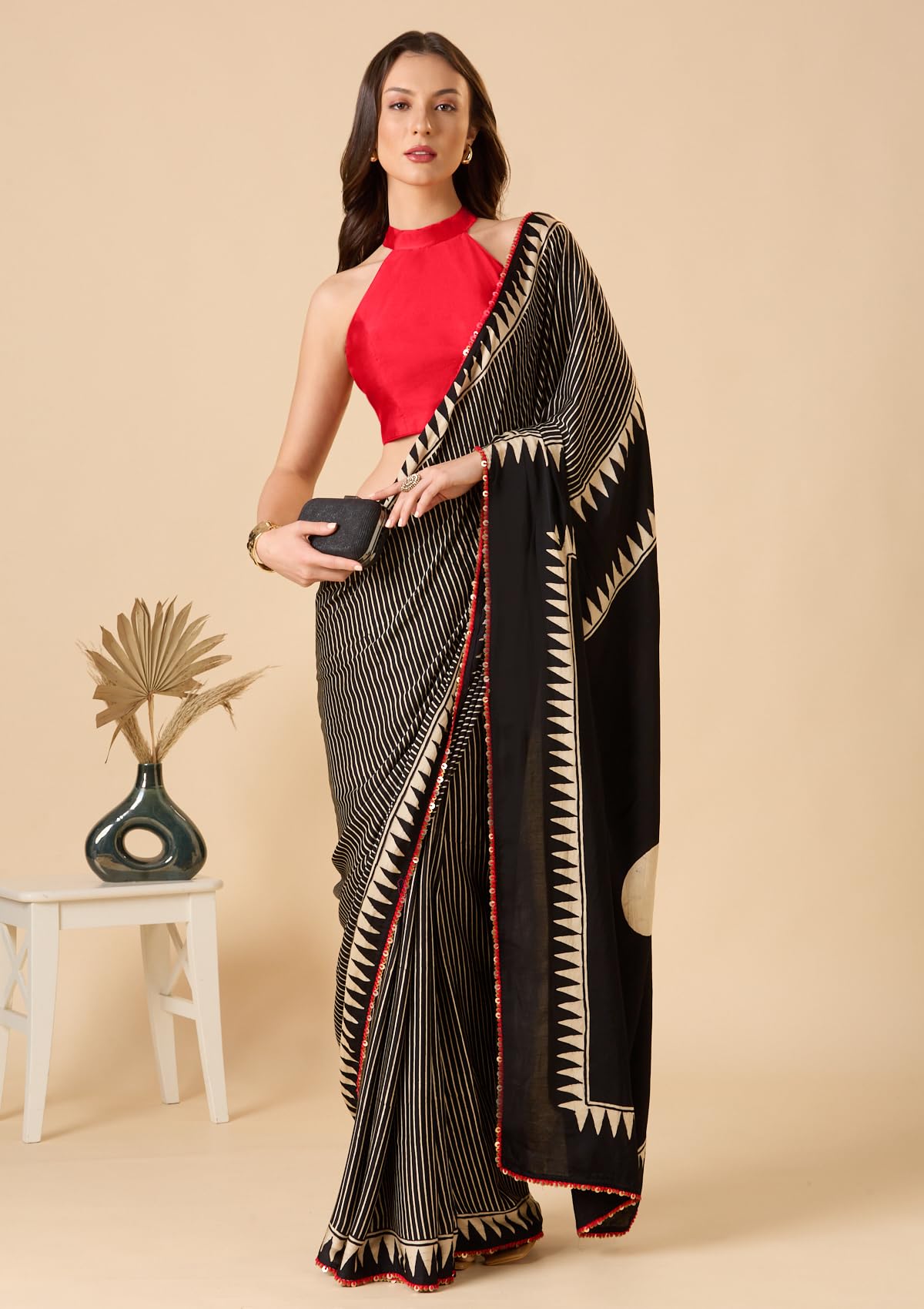 S SALWAR STUDIO Red Taffeta Silk Halter Neck Padded Readymade Blouse