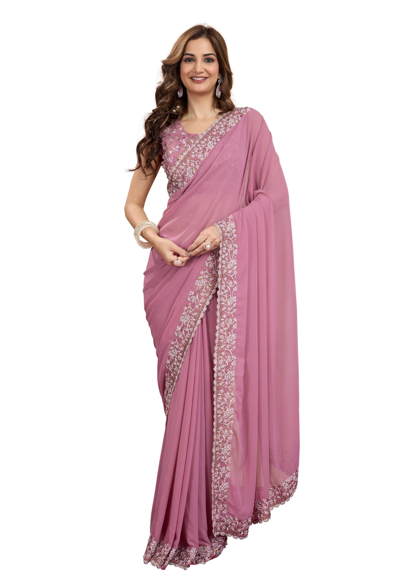 TRENDMALLS Women's Georgette Embroidery Sequin Work Saree with Unstitch Blouse Piece (K1001-Pink-)