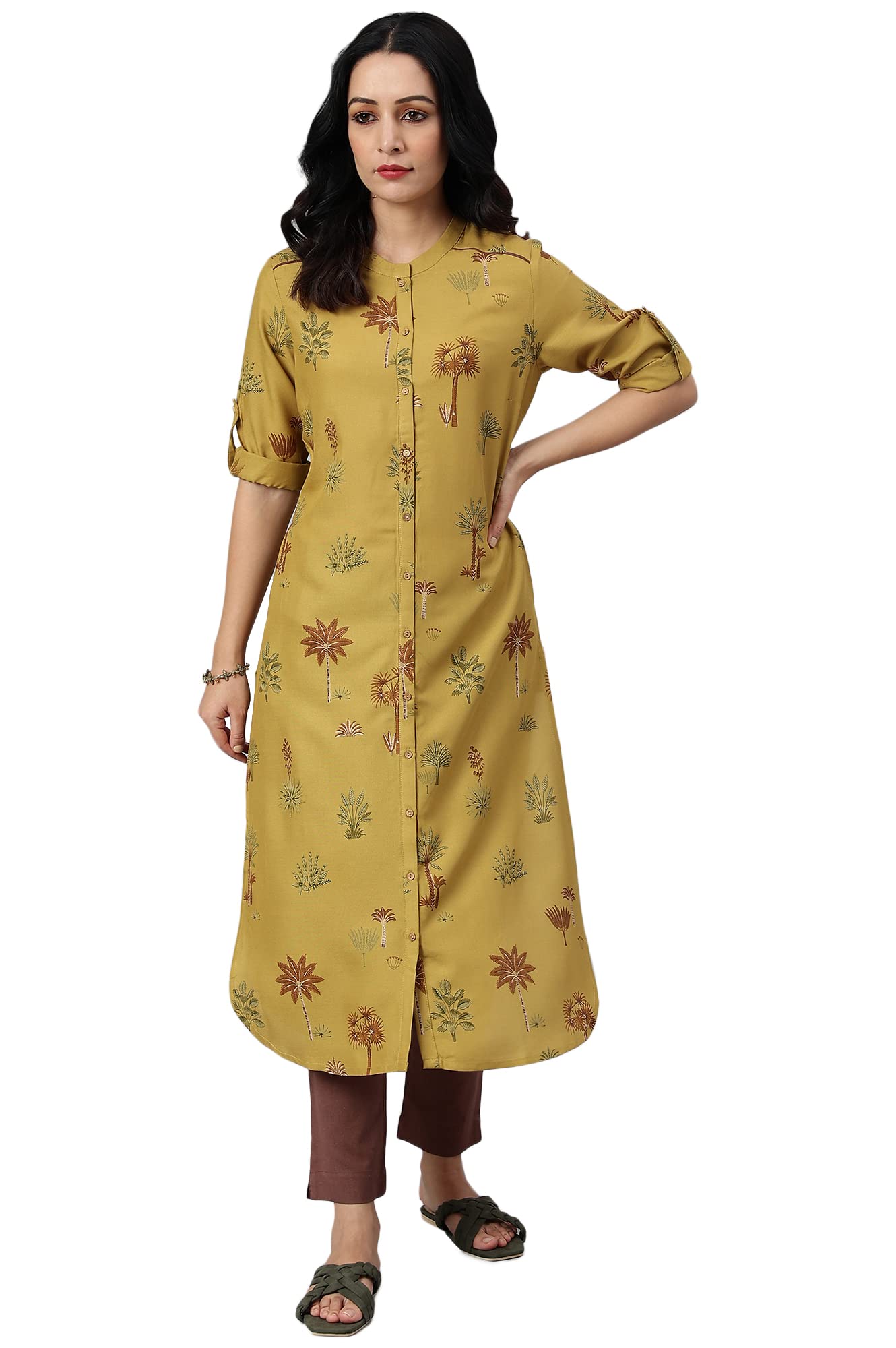 W for Woman Mustard Rayon Printed Button Down Kurta