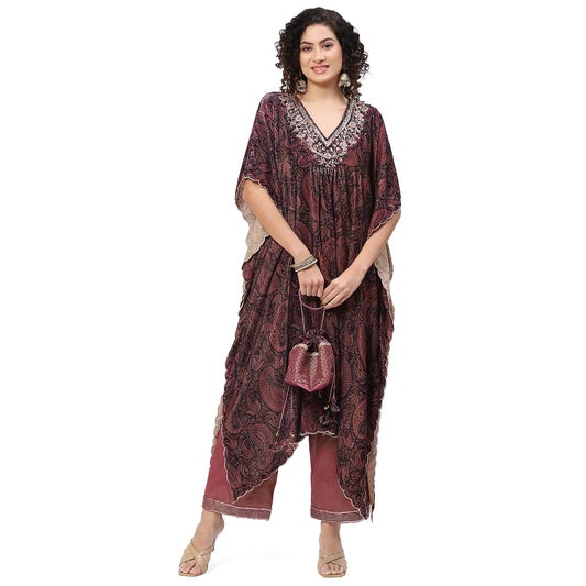 BIBA Women Polyester Printed Straight Salwar Kurta Dupatta(Skdkaftan8311_Purple_42)
