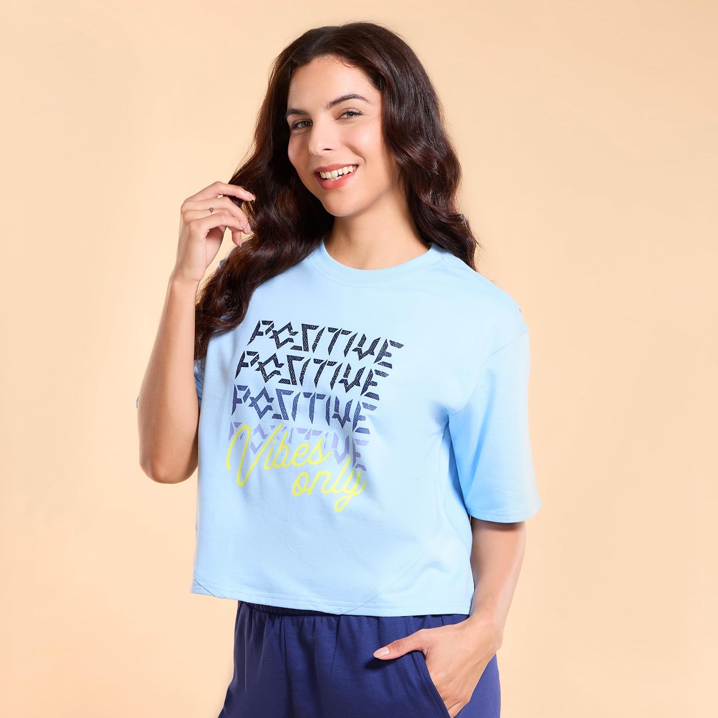 Enamor Women's Letter Print Oversized Fit T-Shirt (E3G4_Blue Bell Positive Vibes Graphic