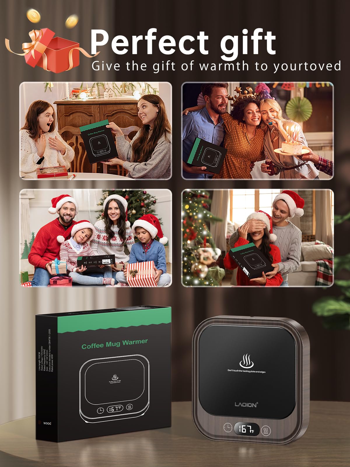 LAOION - 40W Coffee Mug Warmer for Desk with Auto Shut Off, Smart Electric Candle Warmer with 4 Temperature and Time Settings, Coffee Gifts for Drinks, Tea,