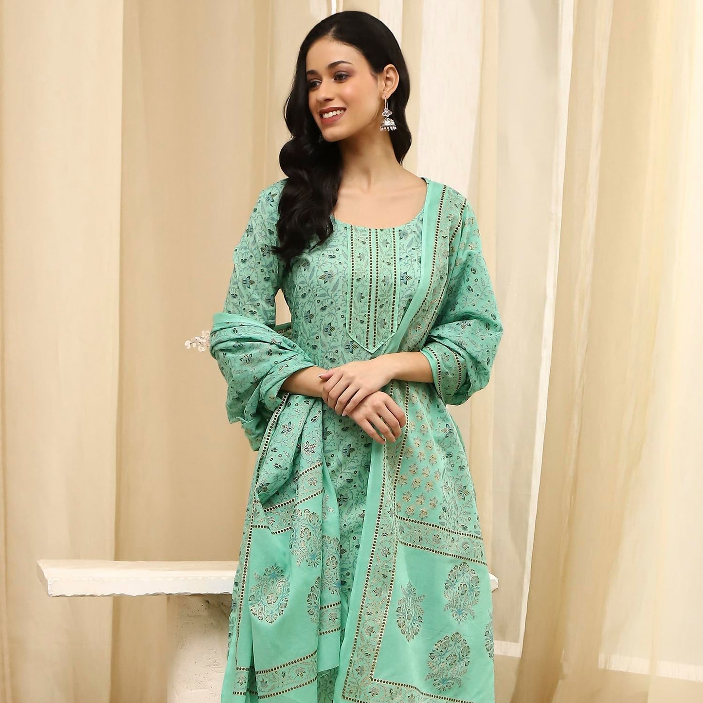 BIBA Women Green Cotton Screen Print Unstitched Suit Set_FREE SIZE