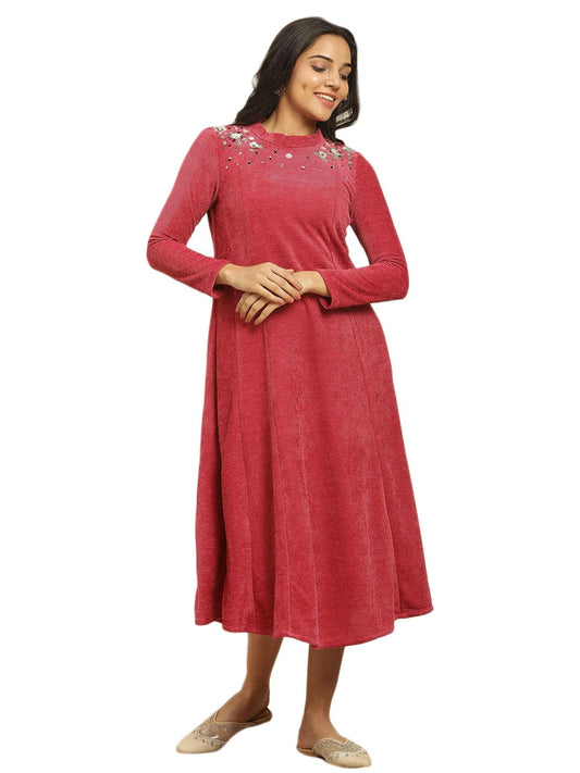 W for Woman Red Embellished Winter Flared Dress (Size: M)-24NOW10211-214829