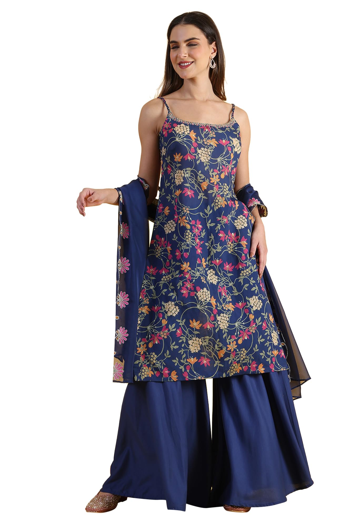 W for Woman Blue Printed Metallic Embroidery Straight Kurta & Sharara with Dupatta Set (Size: XL)-24AUWS11785-124320