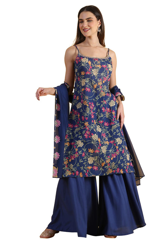 W for Woman Blue Printed Metallic Embroidery Straight Kurta & Sharara with Dupatta Set (Size: XL)-24AUWS11785-124320